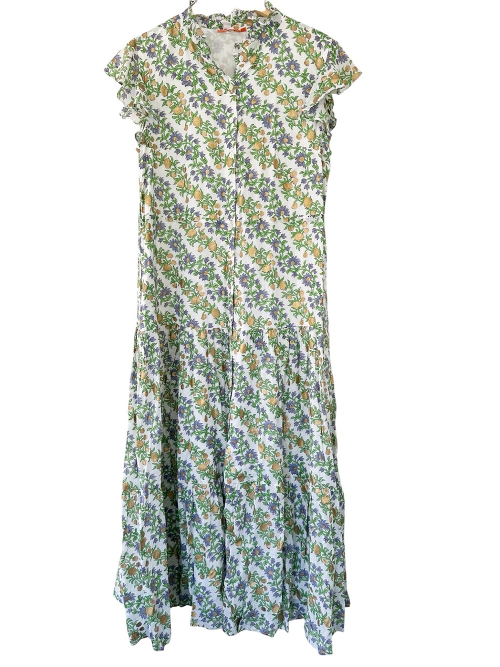 Oliphant • Hand Block Lupina Peri Maxi Dress Ruffle Collar Button Front Cotton - Picture 2 of 12